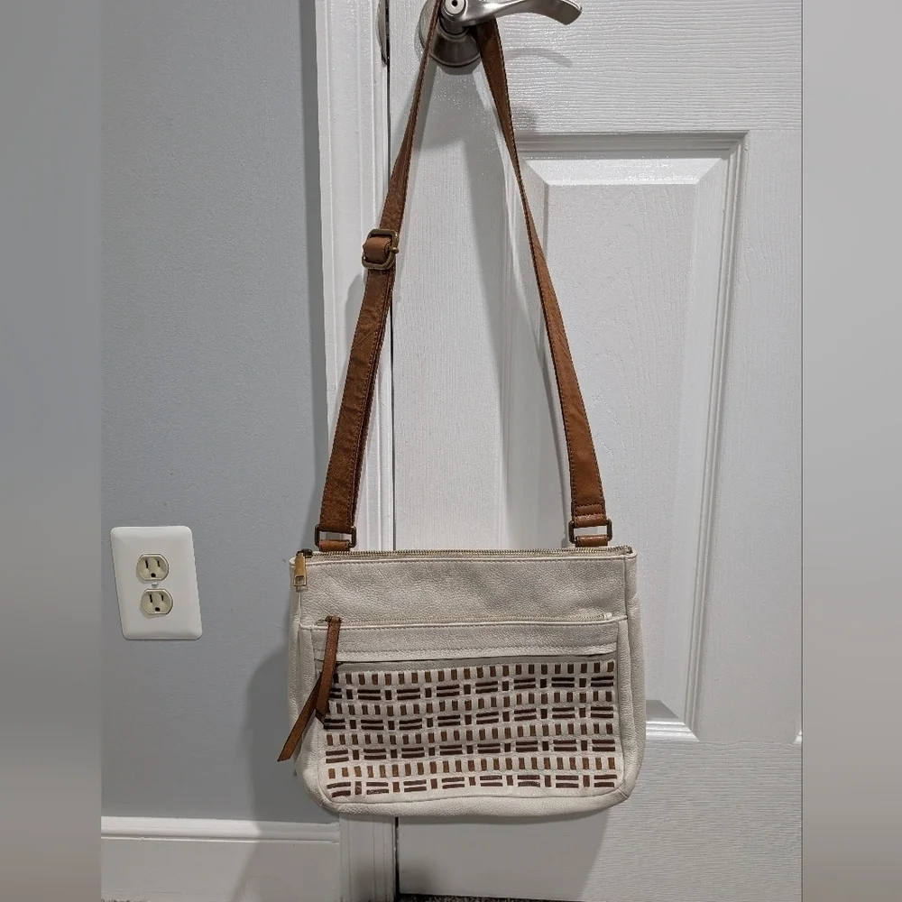 Fossil Corey Cream, Tan & Brown Cross Stitch Large Crossbody Bag